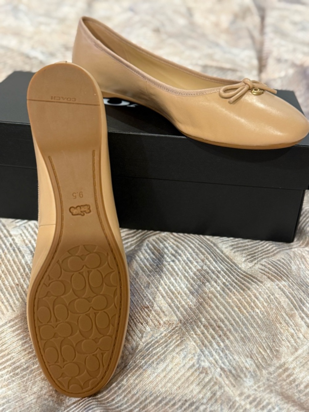Coach Abigail Nude Leather Ballet Flat with Bow and Gold C Charm